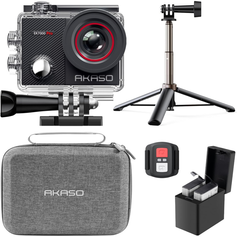 AKASO EK7000 Pro Caméra Sport Kit de Perche à Selfie- Comprend 20MP Camera Sport 4K 30FPS avec Trépied Selfie Stick de 60CM pour