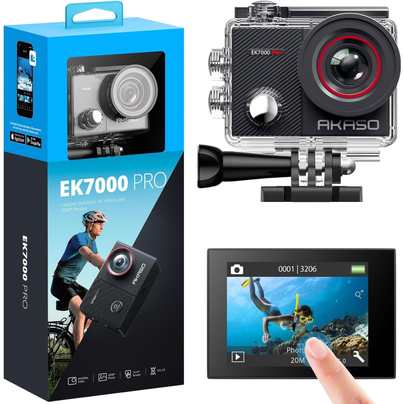 AKASO Caméra Sport 4K 30fps 20MP WiFi Caméra d'action avec Ecran LCD Tactile Ultra HD Stabilisateur, Télécommande 2.4 G, 170° An