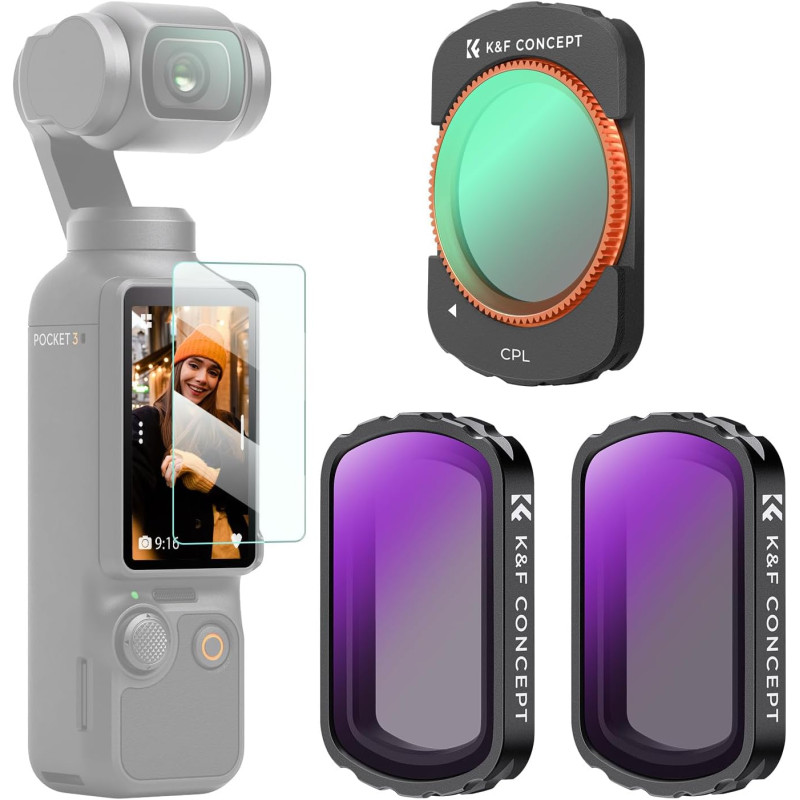 K&F CONCEPT Filtre CPL+ND4+ND8 Magnétique Compatible avec DJI OSMO Pocket 3 Nano-revêtements Étanche Anti des Rayures Léger HD