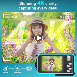 Appareil Photo Etanche Appareil Photo numérique 4K 64MP Autofocus Caméra sous-Marine Carte mémoire 32G Selfie Double écrans 16FT