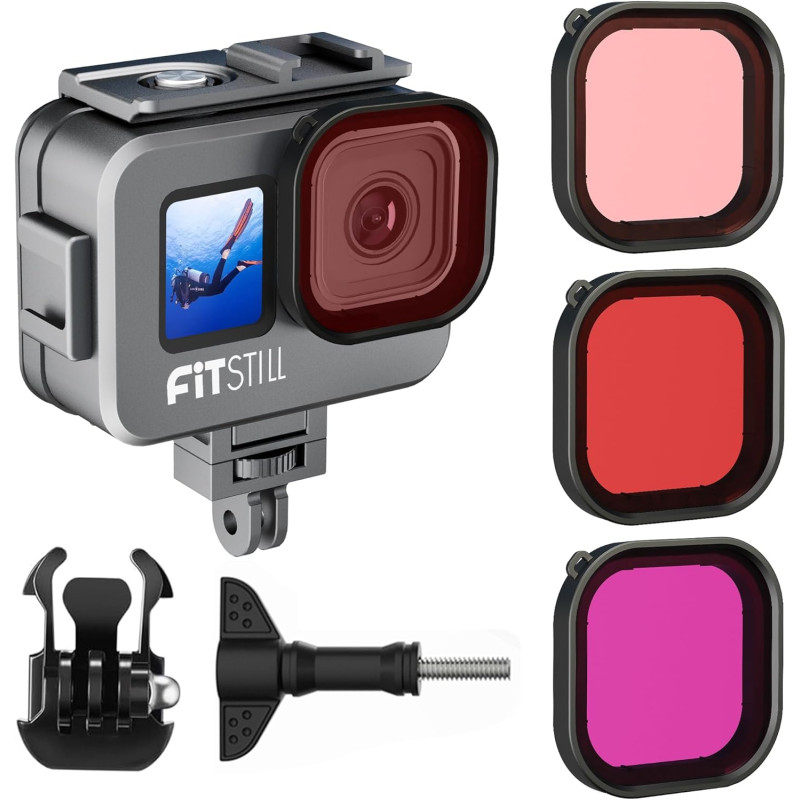 FitStill Boîtier étanche en Alliage d'aluminium de 80 m pour Go Pro Hero 13/12/11/10/9, avec 2 Supports de Sabot et Tuba filtres