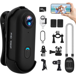 Mini Caméra Sport avec 64GB, Camera 1080p avec Audio et Vidéo, Magnétique et Pince 360°, 120° Grand Angle Action cam Corporelle 