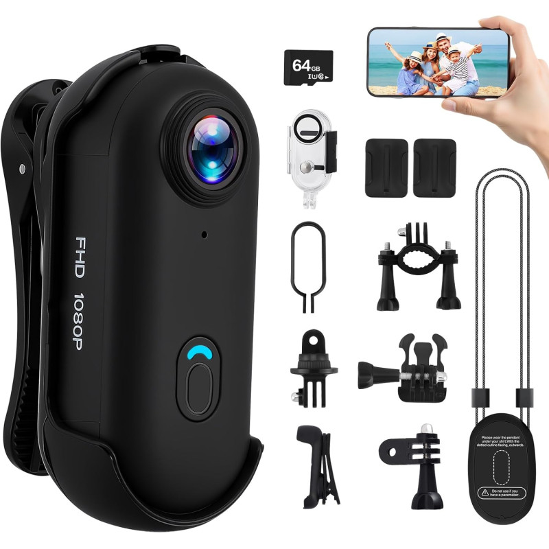 Mini Caméra Sport avec 64GB, Camera 1080p avec Audio et Vidéo, Magnétique et Pince 360°, 120° Grand Angle Action cam Corporelle 