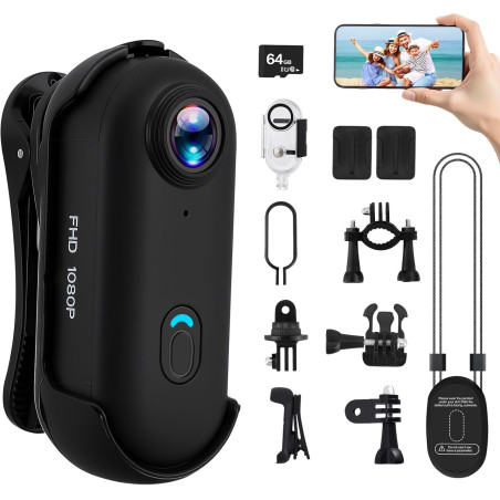 Mini Caméra Sport avec 64GB, Camera 1080p avec Audio et Vidéo, Magnétique et Pince 360°, 120° Grand Angle Action cam Corporelle 