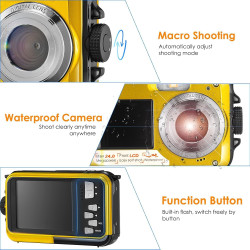 Appareil Photo Etanche Numérique,Full HD 2.7K 24MP Caméra sous-Marine Zoom Digital 16x Camera Etanche avec Double écran Caméra p