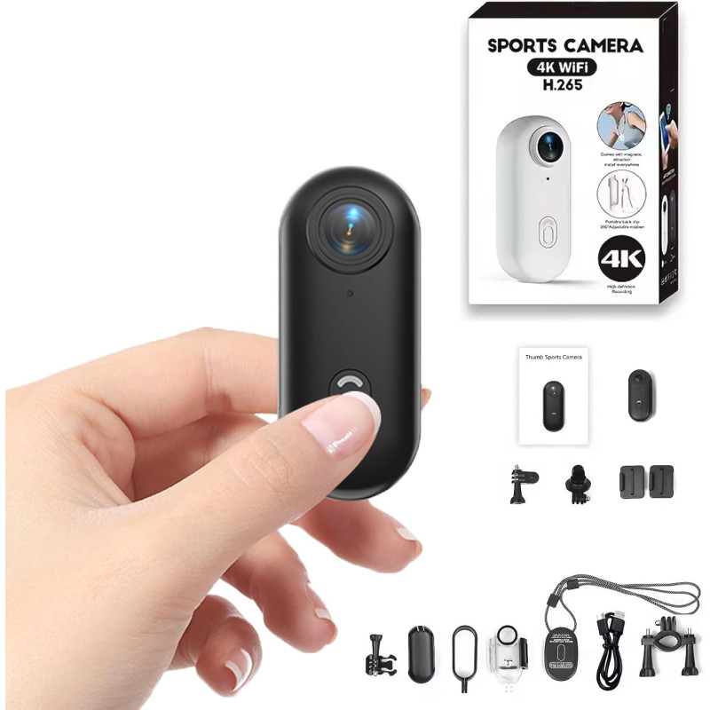 Mini Camera Sport 4K Camera Sport Portable POV 120° Wide-Angle Caméra Sport avec Clip Arrière 360° Format Audio et Vidéo Enregis
