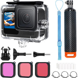 OKFUN Boîtier étanche avec 3 filtres pour Go Pro Hero 13-10 noir, coque de protection sous-marine monopode flottant poignée bâto