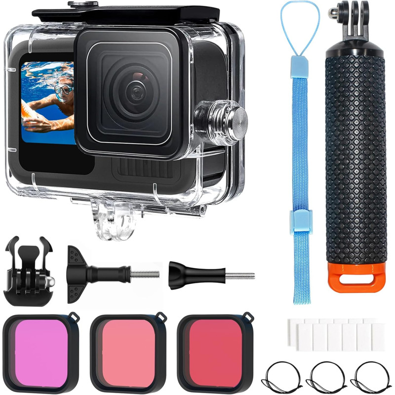 OKFUN Boîtier étanche avec 3 filtres pour Go Pro Hero 13-10 noir, coque de protection sous-marine monopode flottant poignée bâto