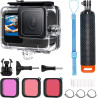 OKFUN Boîtier étanche avec 3 filtres pour Go Pro Hero 13-10 noir, coque de protection sous-marine monopode flottant poignée bâto