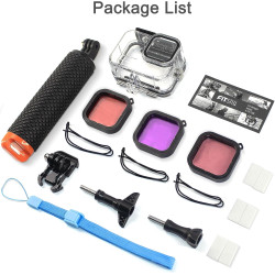 OKFUN Boîtier étanche avec 3 filtres pour Go Pro Hero 13-10 noir, coque de protection sous-marine monopode flottant poignée bâto