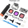 OKFUN Boîtier étanche avec 3 filtres pour Go Pro Hero 13-10 noir, coque de protection sous-marine monopode flottant poignée bâto
