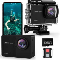 4K60FPS Caméra Sport- Caméra Étanche avec Carte SD 64G 48MP HD WiFi Camera with EIS, Caméras Embarquées with 2 * 1350 mAh Batter