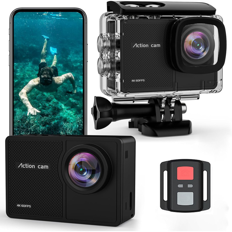 Caméra d'action 4K 60 fps - Caméra sous-marine 48 MP HD WiFi avec EIS 40 m - Étanche - Grand angle - Avec 2 batteries de 1350 mA