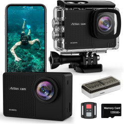 4K60FPS Caméra Sport- Caméra Étanche avec Carte SD 128G 48MP HD WiFi Camera with EIS, Caméras Embarquées with 2 * 1350 mAh Batte