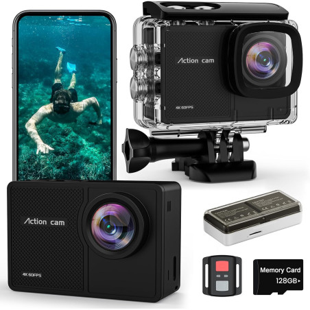4K60FPS Caméra Sport- Caméra Étanche avec Carte SD 128G 48MP HD WiFi Camera with EIS, Caméras Embarquées with 2 * 1350 mAh Batte