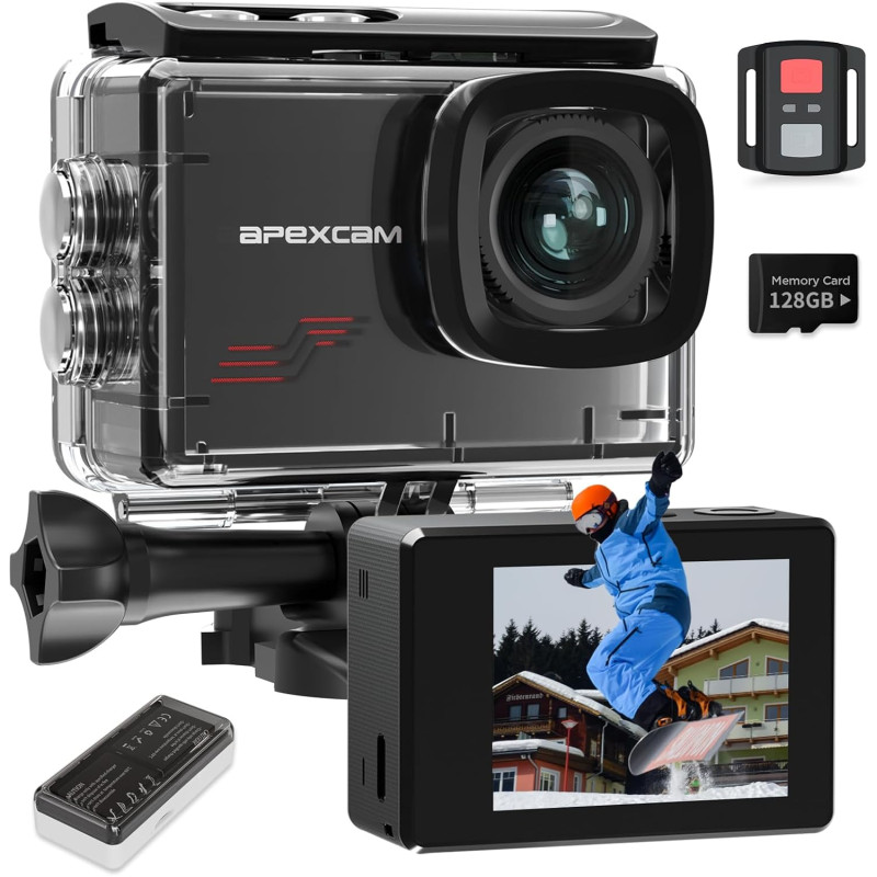 Apexcam M80 Caméra Sport 4K Stabilisateur 60FPS Action cam avec Carte 128GB Photo 48MP Camera Étanche 40M avec EIS 8X Zoom 170° 