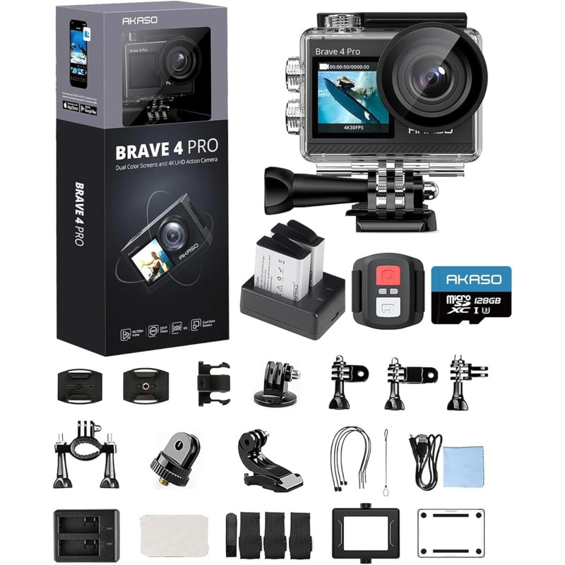 AKASO Brave 4 Pro Camera Sport 4K 40M avec Carte Mémoire microSDXC 128 Go, 20MP WiFi Action Caméra sous-Marine EIS Stabilisateur