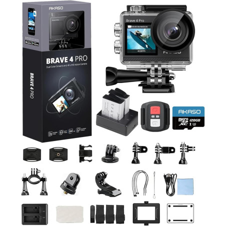 AKASO Brave 4 Pro Camera Sport 4K 40M avec Carte Mémoire microSDXC 128 Go, 20MP WiFi Action Caméra sous-Marine EIS Stabilisateur