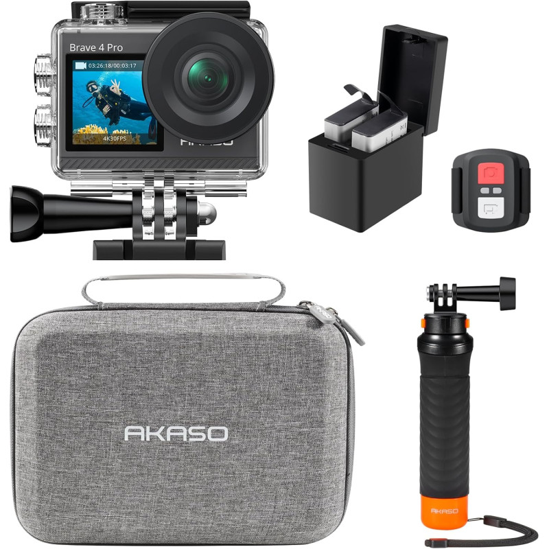 AKASO Brave 4 Pro Caméra Sport Kit de Poignée Flottante - Action Cam 4K30FPS 20MP 40M Caméra sous-Marine Ultra HD Écran Tactile 