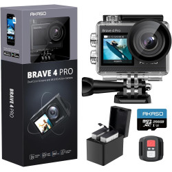 AKASO Brave 4 Pro Action Cam 4K 40M avec Carte mémoire U3 256 Go, caméra 20 MP WiFi 170 ° Grand Angle Double Écran Stabilisation