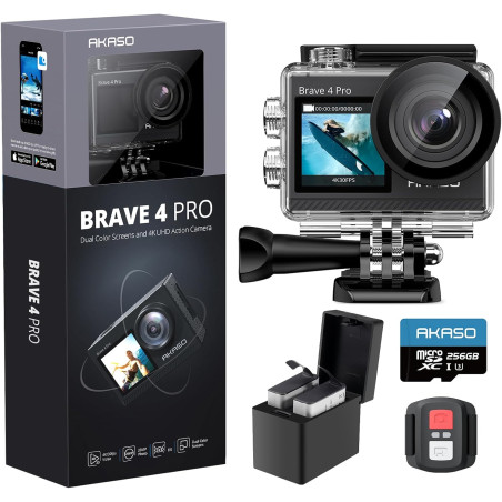AKASO Brave 4 Pro Action Cam 4K 40M avec Carte mémoire U3 256 Go, caméra 20 MP WiFi 170 ° Grand Angle Double Écran Stabilisation