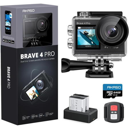 AKASO Brave 4 Pro Caméra Sport 4K avec Carte Mémoire microSDXC 64 Go, 20MP WiFi Action Caméra sous-Marine 40M Stabilisateur avec