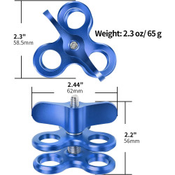 1 "Aluminium Triple Trous Joint Pince pour la plongée sous-Marine système de Plateau de Bras léger, Clip 360° pour caméra d’Acti