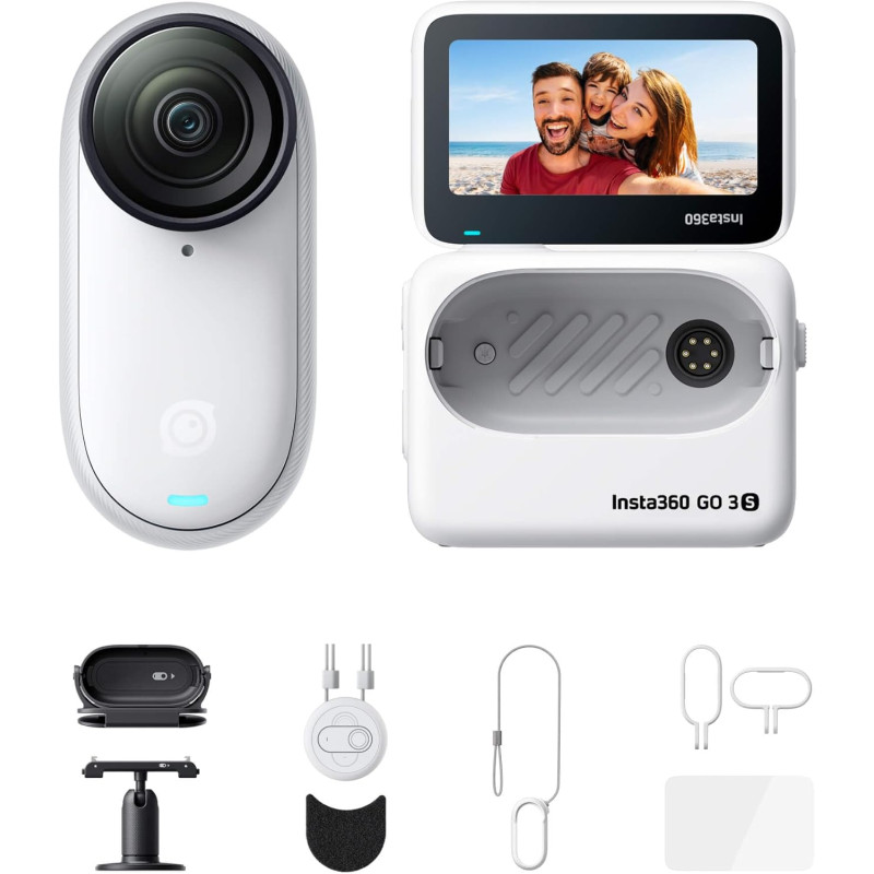 Insta360 GO 3S Pack Action (128 Go) - Petite caméra de vlog 4K, POV Mains Libres, Montage Partout, stabilisation, 140 Min d'auto