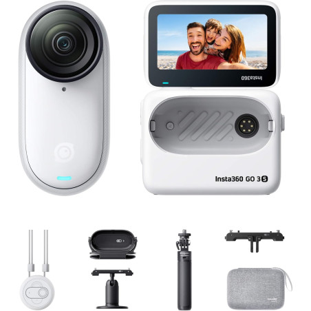 Insta360 GO 3S Pack Voyage (128GB) - Petite caméra de vlog 4K, POV Mains Libres, Montage Partout, stabilisation, 140 Min d'auton