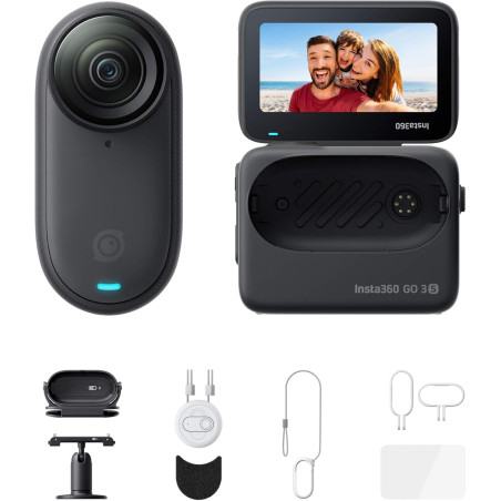 Insta360 GO 3S Pack Action (128GB) - Petite caméra de vlog 4K, POV Mains Libres, Montage Partout, stabilisation, 140 Min d'auton