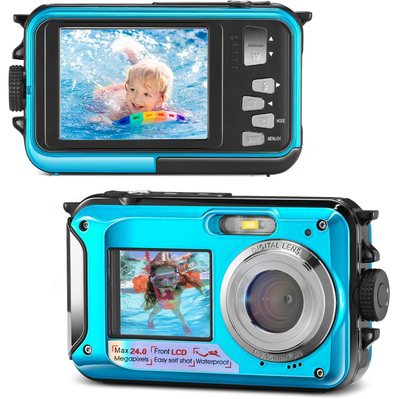 Appareil Photo Etanche Numérique,Full HD 2.7K 24MP Caméra sous-Marine Zoom Digital 16x Camera Etanche avec Double écran Caméra p