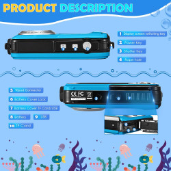 Appareil Photo Etanche Numérique,Full HD 2.7K 24MP Caméra sous-Marine Zoom Digital 16x Camera Etanche avec Double écran Caméra p
