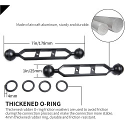 Bras d'extension en Alliage d'aluminium à Double Bille de 7", connecteur de tête à Bille de 1", Bras sous-Marin pour Stroboscope
