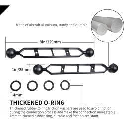 Bras d'extension en Alliage d'aluminium à Double Bille de 9", connecteur de tête à Bille de 1", Bras sous-Marin pour Stroboscope
