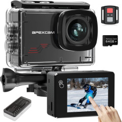 Apexcam Caméra Action 4K 60FPS 64MP - Caméra Étanche 40M avec Micro Externe, Camera Sport 4K Stabilisateur EIS, Écran Tactile & 
