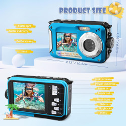 Appareil Photo numérique Etanche,Camera Etanche Full HD 2.7K 48MP Double Ecran Anti-Vibrations,Selfie Double écrans 16X Zoom App