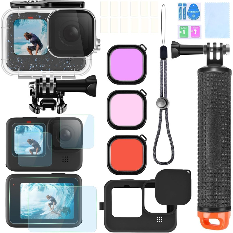 Kit d'accessoires pour Gopro Hero 12 11 10 9 Boîtier étanche Poignée Flottante en Silicone Capuchon d'objectif Verre trempé Prot