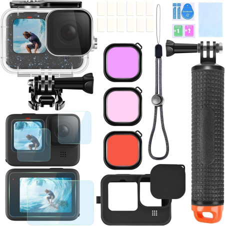 Kit d'accessoires pour Gopro Hero 12 11 10 9 Boîtier étanche Poignée Flottante en Silicone Capuchon d'objectif Verre trempé Prot
