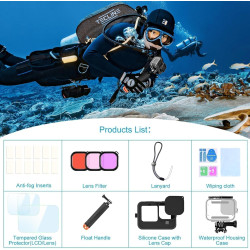 Kit d'accessoires pour Gopro Hero 12 11 10 9 Boîtier étanche Poignée Flottante en Silicone Capuchon d'objectif Verre trempé Prot