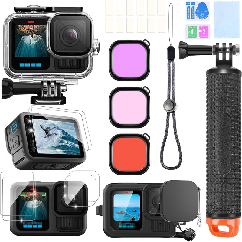 Accessoires pour Gopro Hero 13, boîtier étanche, poignée Flottante, 2 Jeux de Films trempé Protecteur d'écran, Manchon en Silico
