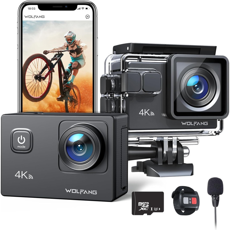 WOLFANG Caméra Sport GA100 4K 30 FPS avec MicroSD 32 GB, Caméscope WiFi de 20 MP, Caméra sous-Marine 40M avec Microphone, Téléco
