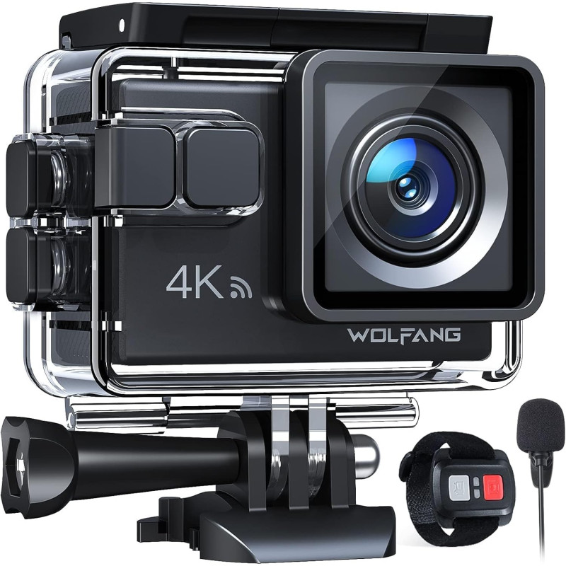 WOLFANG Caméra Sport GA100 4K 30FPS, Caméscope WiFi de 20 MP, Caméra Étanche sous-Marine 40 m avec Double Microphone, télécomman