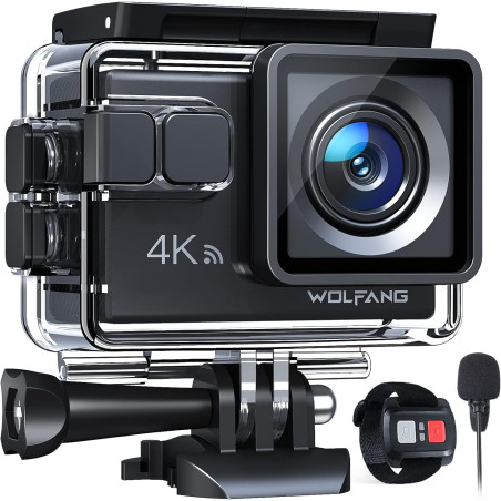 WOLFANG Caméra Sport GA100 4K 30FPS, Caméscope WiFi de 20 MP, Caméra Étanche sous-Marine 40 m avec Double Microphone, télécomman
