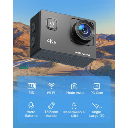 WOLFANG Caméra Sport GA100 4K 30FPS, Caméscope WiFi de 20 MP, Caméra Étanche sous-Marine 40 m avec Double Microphone, télécomman