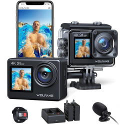 WOLFANG Caméra Sport GA200 4K 24MP, Deux Écrans 30FPS Caméra Étanche Grand Angle Écran Tactile WiFi Appareil Photo avec EIS Stab