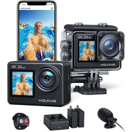 WOLFANG Caméra Sport GA200 4K 24MP, Deux Écrans 30FPS Caméra Étanche Grand Angle Écran Tactile WiFi Appareil Photo avec EIS Stab