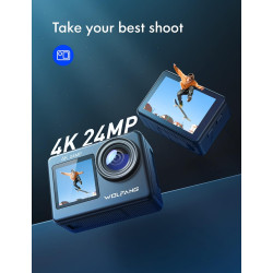 WOLFANG Caméra Sport GA200 4K 24MP, Deux Écrans 30FPS Caméra Étanche Grand Angle Écran Tactile WiFi Appareil Photo avec EIS Stab