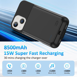 Coque de protection pour iPhone 13 (6,1 "), 8500 mAh, chargeur portable ultra fin, batterie étendue, chargeur de téléphone et co