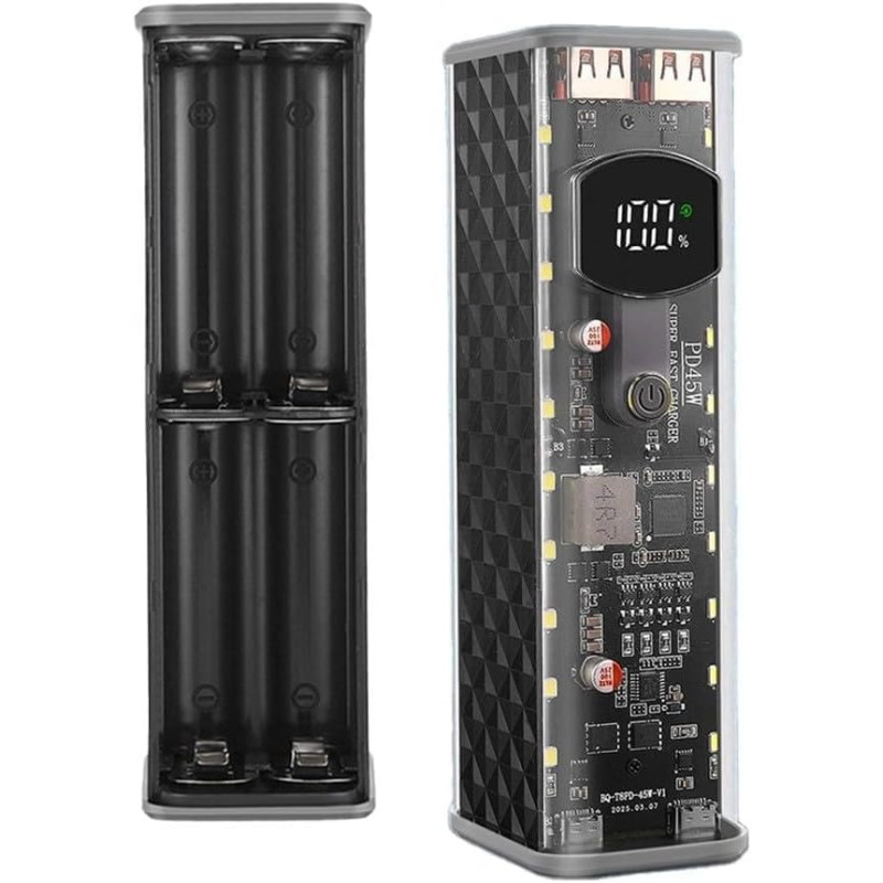 Boîtier de batterie portable avec 8 piles 18650, design DIY sans soudure, boîtier en ABS transparent, sortie 22,5 W/45 W, PD3.1/