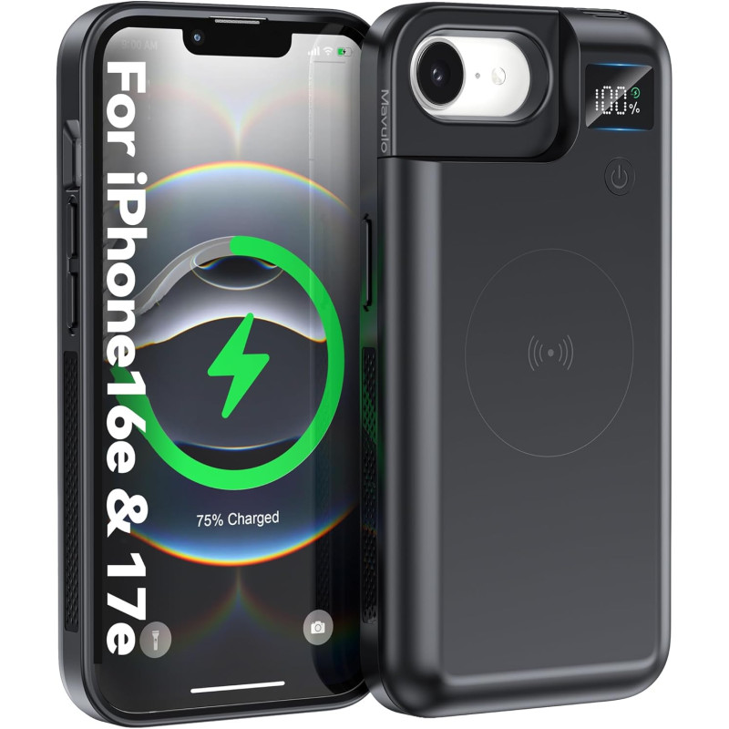 Mavulo Coque de protection pour iPhone 16e/17e, 9300 mAh 20 W, avec batterie externe, coque de chargement pour iPhone 16e et iPh